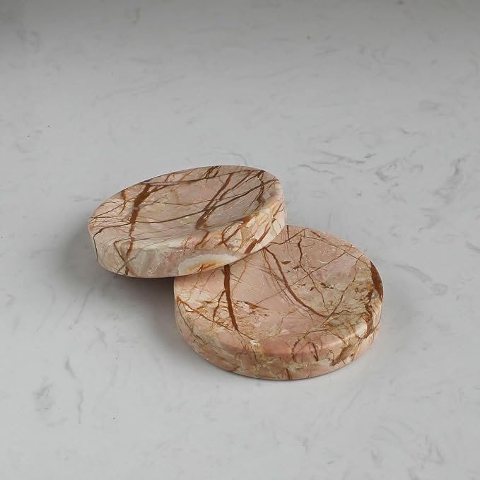 Natural Pink Marble Soap Dish, Round Small Jewelry Dish, Sponge Holder for Bathroom, Kitchen