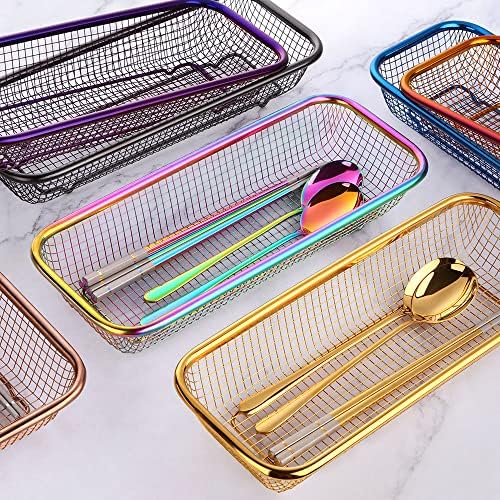 Kitchen Drawer Organizer, Stainless Steel Storage Container Metal Cabinet Storage Basket for Holding Silverware Kitchen Utensil, Pack of 2, Purple