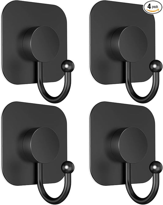 Aikzik 4 Pack Large Heavy Duty Wall Hooks - 26lb Max, Stainless Steel Adhesive Towel Hook, Shower Hooks for Hanging Towel, Coat, Robe, Wall Hook for Use in Bathroom, Kitchen and Door, Matte Black