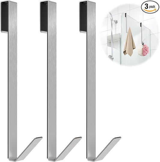 Linone 10 in Shower Door Hooks, Towel Hooks for Bathrooms, Shower Hooks for Towels, Heavy Duty Drilling-Free Extended Over Door Towel Hooks for Frameless Glass Shower Door, 3 Pack