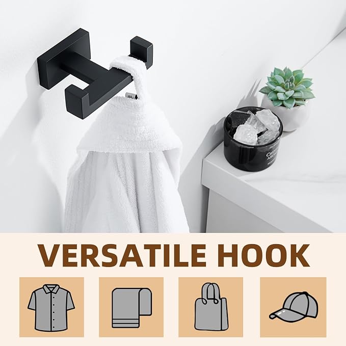 APLusee Double Robe Towel Hook, 304 Stainless Steel Square Dual Coat Hook, Utility Bath Kitchen Storage Hanger Holder, Matte Black