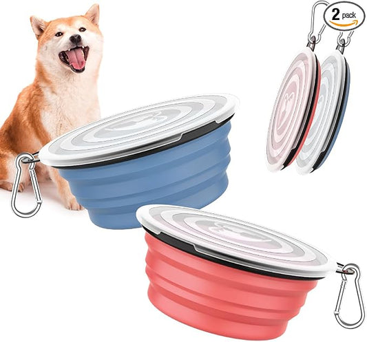 Pawaboo Collapsible Travel Dog Bowls 2 Pack with Lids&Carabiners Silicone | Feeding Watering Bowls for Dogs Cats, Collapsable Water Feeder Food Bowl for Walking Traveling Home Use, Light Pink + Blue