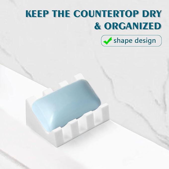 Self Draining Soap Dish Holder,Silicone Soap Dish,for Bathroom,Kitchen, Sponges，Can Extend Soap Life，Keep Soap Bars Dry and Easy Cleaning (White,4-Pack)