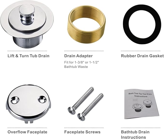 Chrome Polished Bathtub Tub Drain Conversion Kit Assembly, Wellup Lift and Turn Twist Tub Drain Trim Kit with Two-Hole Overflow Faceplate, Chrome Plated
