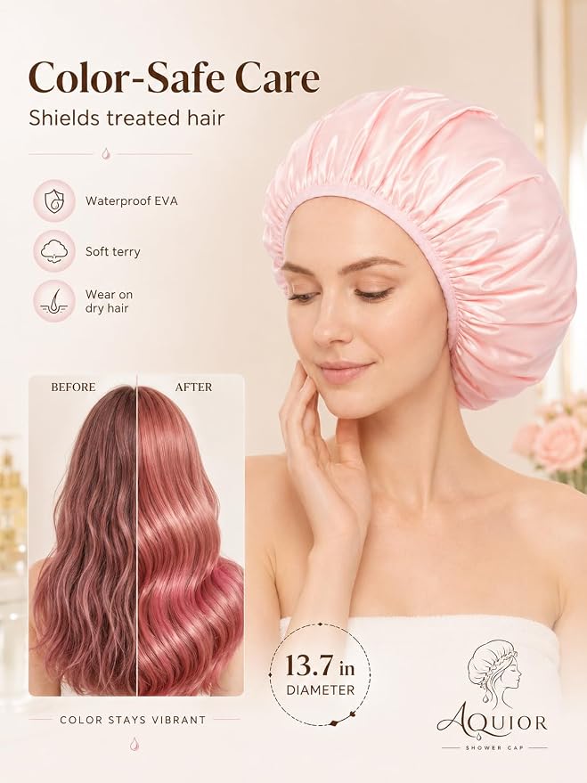 Aquior Shower Cap,Triple Layer Shower Cap for Women, Reusable Waterproof Bath Cap,Silky Satin Outer Layer Terry Lining, Extra Large for Women Long Hair(Pink)