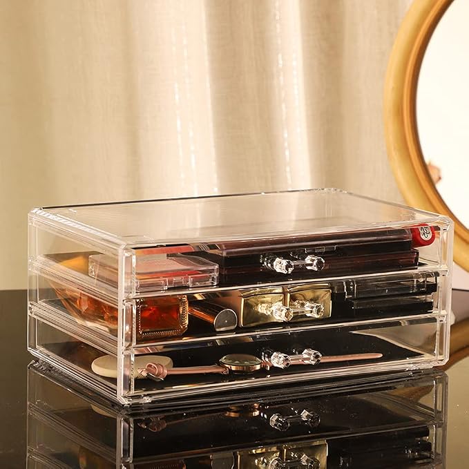 Cq acrylic Drawer Organizer with 3 Long Drawers,Stacking Office Supply Organizer and Desk Pen Storage and Stationary Organizer,Clear Makeup Storage Organizer for Palettes,Cosmetic, Beauty for Vanity