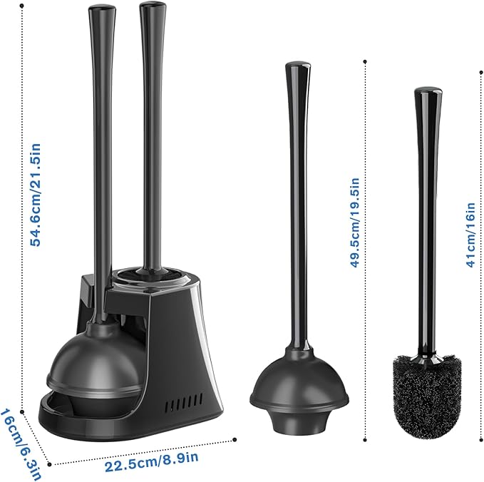 LOVLOY Toilet Plunger and Brush, Bowl Brush and Heavy Duty Toilet Plunger Set with Ventilated Holder, 2-in-1 Toilet Brush and Plunger Combo for Bathroom Cleaning (2, Black)
