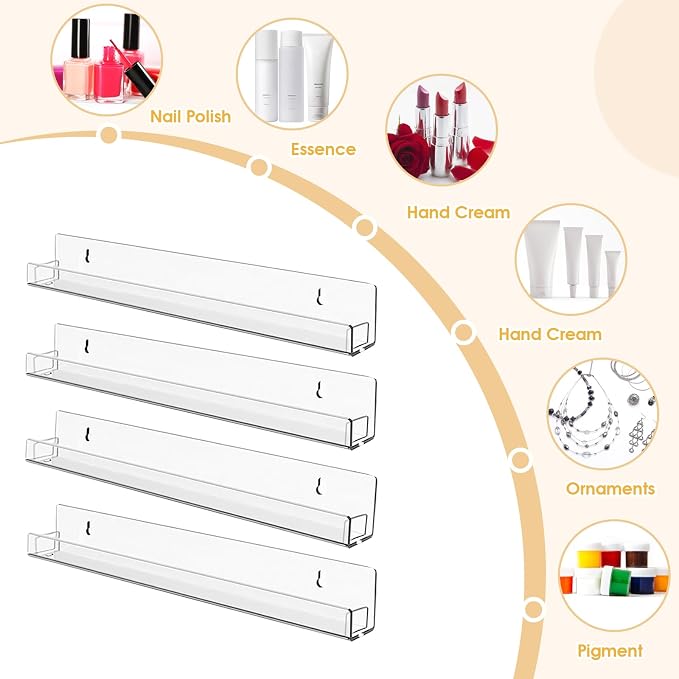 6 Pack Nail Polish Organizer Wall Mounted Shelf with Removable Anti-Slip Inserts, Paint Rack Acrylic Display for Salon Vanity Table Organization, Holds 90 Bottles, 15 Inch