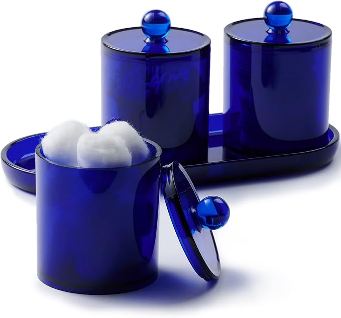 SheeChung 3 PCS Qtip Holder Bathroom Set with Tray, Acrylic Apothecary Jars | Blue Qtip Dispenser with Lid and Labels, Bathroom Qtip Holder Set for Cotton Ball, Cotton Swab 1 Pack Bathroom Vanity Tray