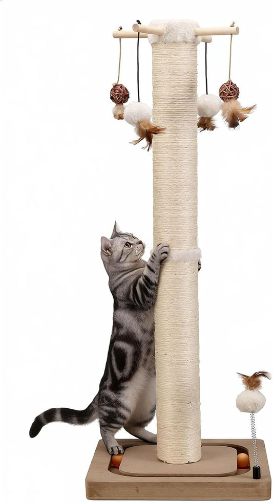 PEEKAB Cat Scratching Post for Indoor Adult Cats and Kittens,33 Inches Tall Large Sisal Scratch Post with Track Ball Toys,Cat Scratcher Toy Beige