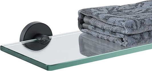 JQK Bathroom Glass Shelf Black, Tempered Glass Shower Storage 20 by 5 inches, 304 Stainless Steel Matte Black Wall Mount, TGS101L20-PB