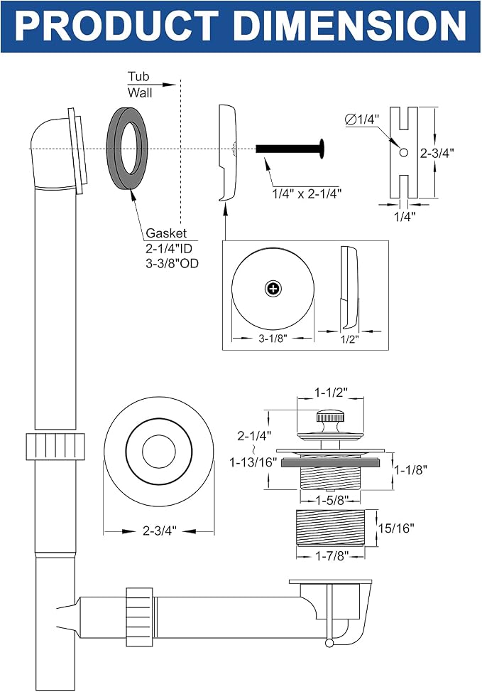 Brass Bathtub Drain Kit, Lift and Turn Tub Drain Kit with Overflow Faceplate, Brushed Gold