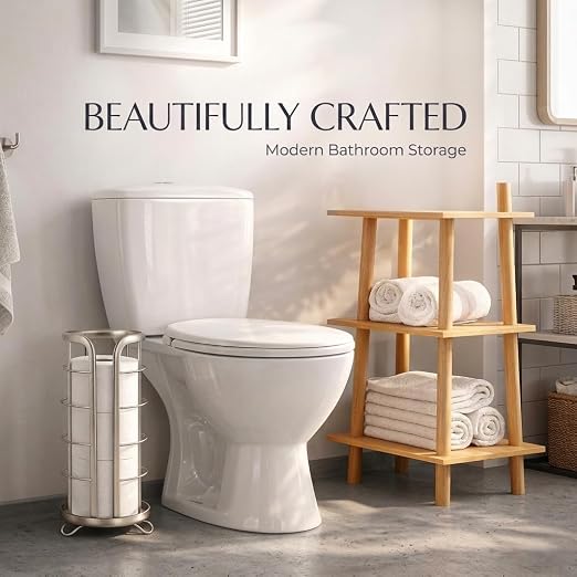BROOKSTONE Toilet Paper Holder Stand Reserve - Free Standing Toilet Paper Stand with Storage that Holds Mega Rolls, Standing Bathroom Tissue Organizer, Bathroom Decor - Modern Storage Holder, Nickel