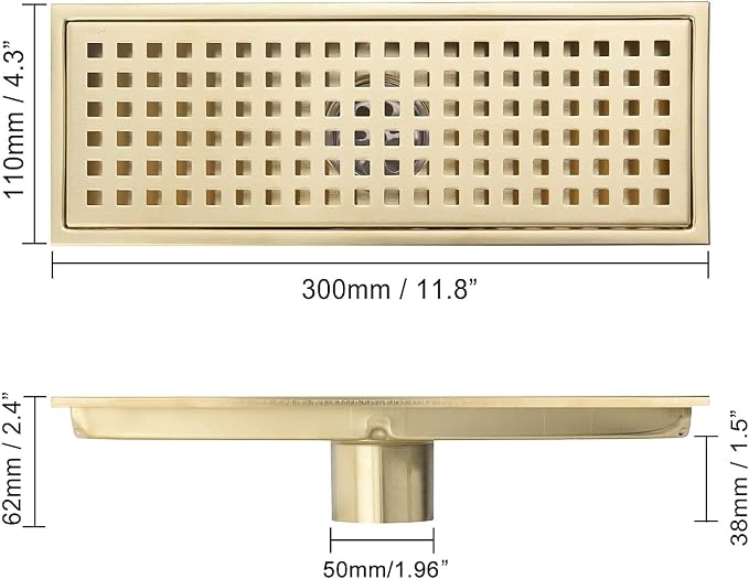 12 Inch Rectangular Shower Floor Drain, Can Be Detachably Inserted Into The Mesh Grille Cover, SUS304 Stainless Steel, Brushed Gold