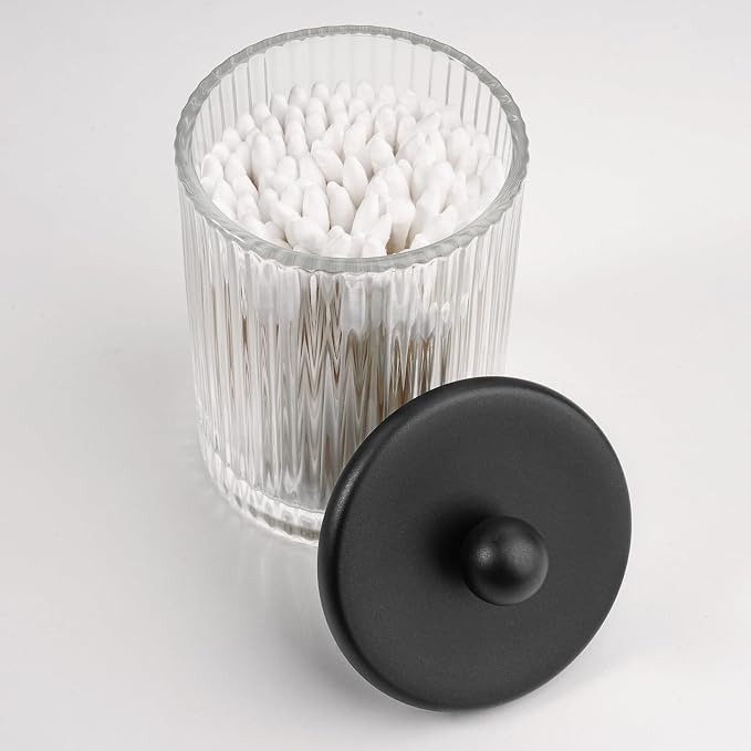 SheeChung 3 Pack Ribbed Glass Qtip Holder with Bamboo Tray & Metal Lids | Modern Industrial Bathroom Organizer Set for Cotton Rounds, Swabs, Flossers - Minimalist Vanity Storage Canister (Black )