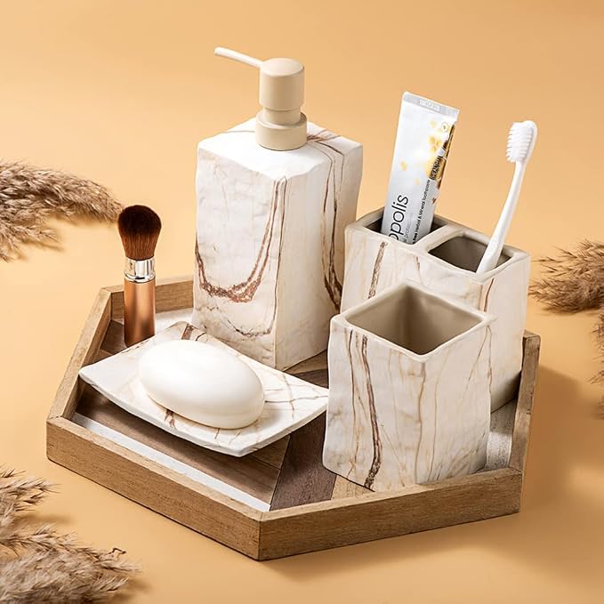 RQYIXI Ceramic 4-Piece Bathroom Accessories Set, Brown, Marble Design | marble look ceramic square design unique veining pattern modern countertop organization