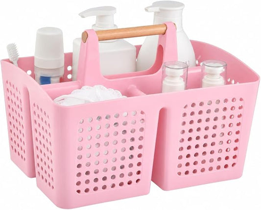 Portable Shower Caddy Basket with Wood Handle, 3-Compartment Bathroom Organizer Tote with Drain Holes, Plastic Shower Basket for Dorm, Toiletries, Cleaning Supplies, Candy Pink