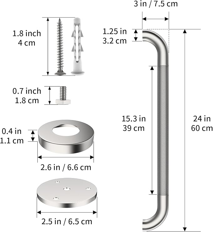 2 Pack 24 Inch Shower Grab Bar, ZUEXT Brushed Nickel Stainless Steel Bathroom Safety Handle w/Knurled Grip, Heavy Duty Wall Mounted Bathtub Toilet Support Rail for Seniors Disabled (1.25" Diameter)