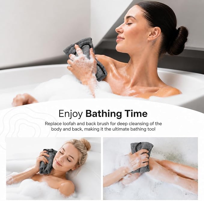 Exfoliating Washcloth Towel with Handle, Back Scrubber for Shower, Exfoliating Body Scrubber Exfoliator, Japanese Wash Cloth for Body Scrub, Bath Sponge Loofah Luffa Washer Exfoliator