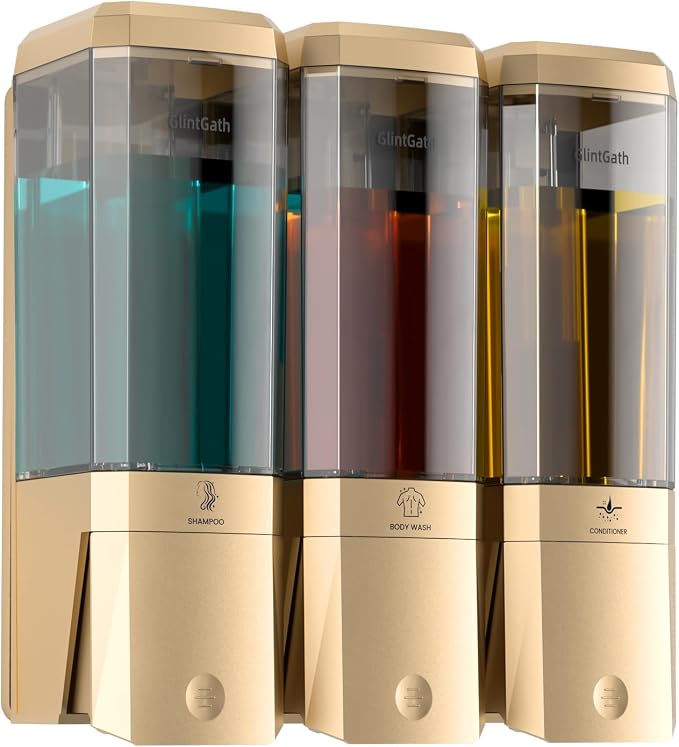 Shampoo and Conditioner Dispenser,Shower Dispenser 3 Chamber No Drill Shampoo Dispenser for Shower Wall Mounted Shower Soap Dispenser for Bathroom Hotel,Large Capacity 3 * 500ML,Gold