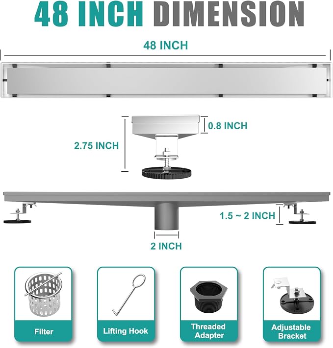 BARONAGE 48 Inch Linear Shower Drain, Rectangle Shower Floor Drain with 2-in-1 Flat & Tile Insert Cover, 304 Stainless Steel Bathroom Drains with Hair Catcher and Leveling Feet (Brushed Nickel)
