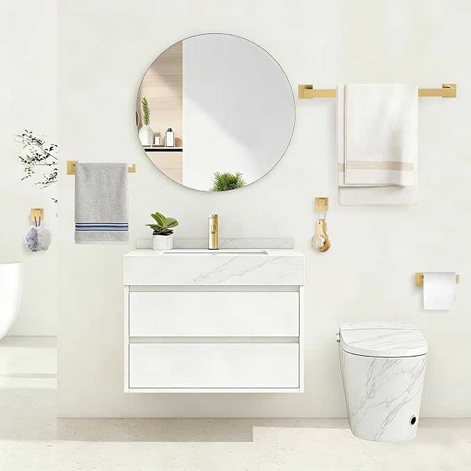 TURS Brushed Gold Bathroom Accessory Set 4-Pieces Bathroom Hardware Set Square Towel Bar Set Stainless Steel Towel Holder Set