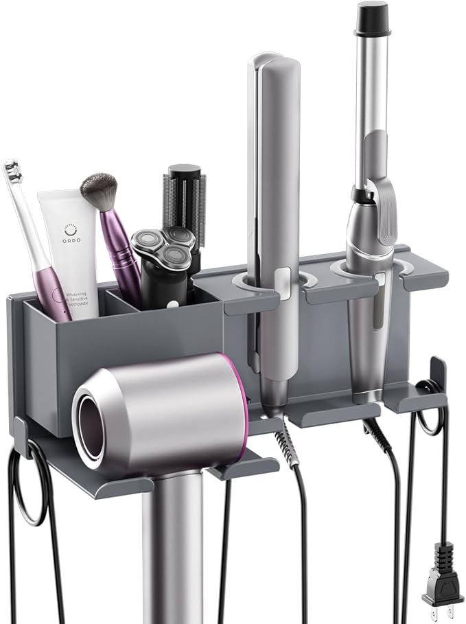 YSD Hair Dryer Holder Wall Mounted with Cord Organizer Metal Organizer | Heat Resistant Blow Dryer Holder with Curling Iron and Flat Iron for Bathroom Self Adhesive/Screw, Grey