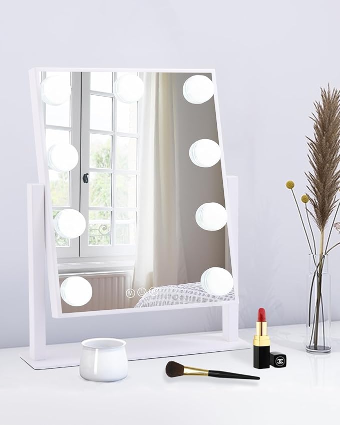 BWLLNI Lighted Makeup Mirror, White Vanity Mirror with Lights,9 LED Bulbs | Hollywood Mirror Touch Control Design 3 Colors Dimable LED Bulbs, Detachable 10X Magnification, 360°Rotation,12" L x 14" W
