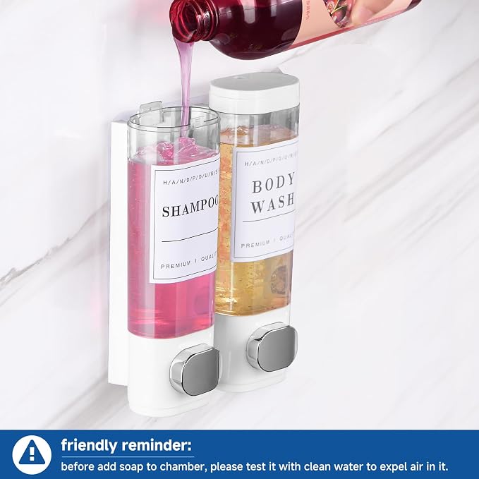 Shampoo and Conditioner Dispenser Bathroom Shower Soap Dispenser Wall Mounted Shampoo Dispenser for Shower Wall No Drill 2 * 300ml White 2 Chamber with Waterproof Labels Self