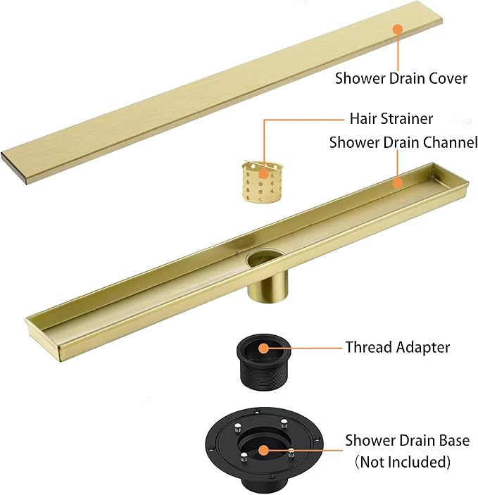 24 Inch Linear Shower Drain Bathroom Kitchen Golden Floor Drain Removable Capsule Pattern Cover Accessories Shower Drain 304 Stainless Steel Drain with Hair Strainer Adjustable Leveling Feet