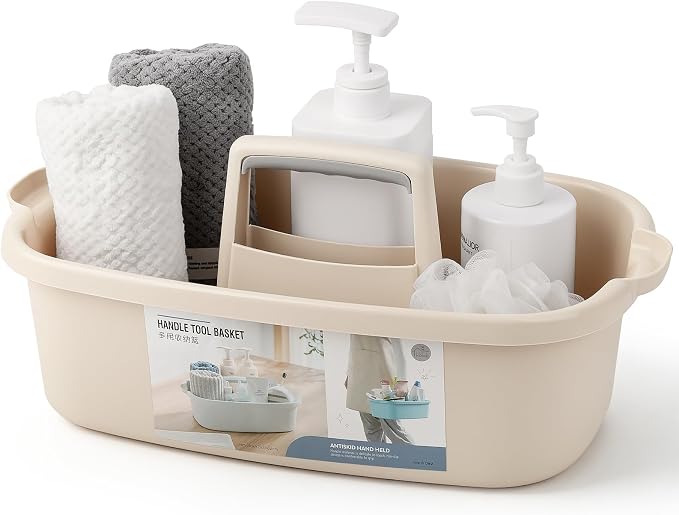 Large Cleaning Supplies Caddy Portable Shower Basket Supply Organizer with Handle Plastic Bucket Tool Storage for Bathroom, Bedroom, Kitchen, College Dorm, Garden, Beige