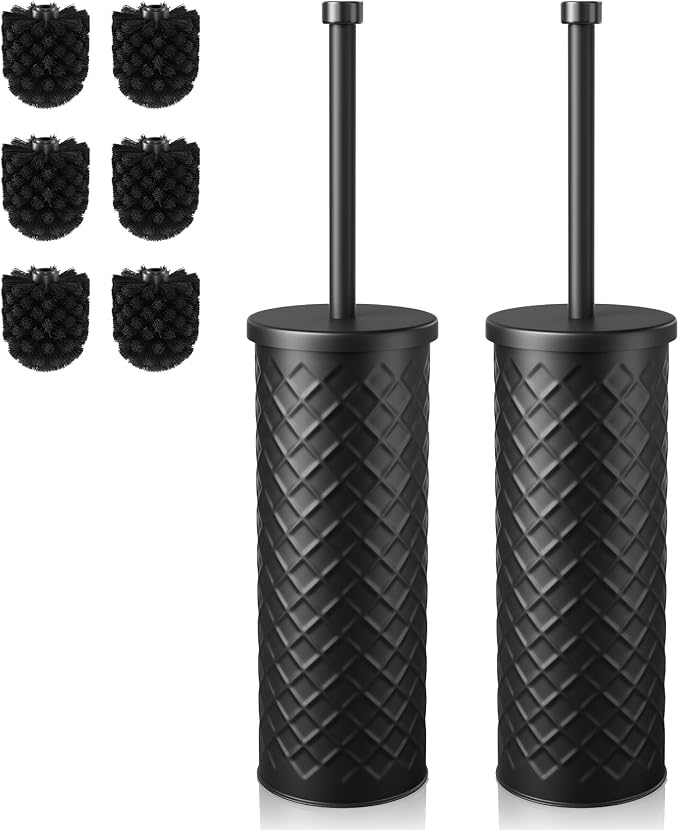 Toilet Bowl Brush and Holder Set 2 Pack with 4 Extra Brush Heads (Black) | Extra Long Handle with Splash Guard Cover, Tool-Free Installation, Bathroom Space-Saving, Cleaner Sets for Apartments, RV