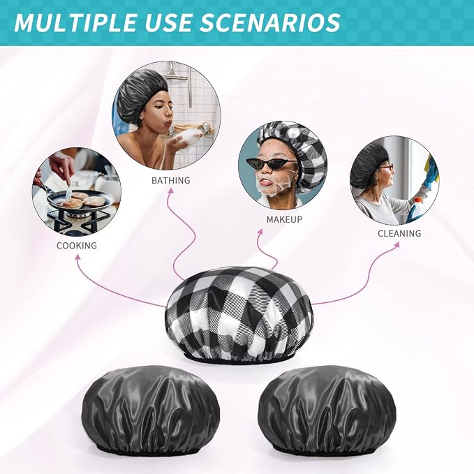 Aquior Shower Cap,4-Pack Large Shower Caps for Women Long Hair, Premium Soft Silky Satin Reusable Hair Cap For All Hair Lengths And Big Hairstyles