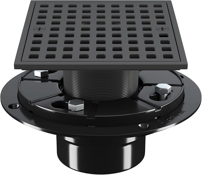 4 Inch Shower Floor Drain with Flange - Square Shower Drain with Hair Strainer - Removable Grid Strainer Cover - SUS304 Stainless Steel - Matte Black