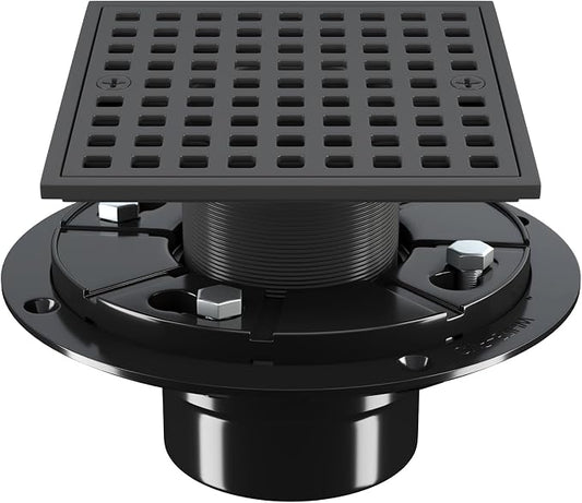 4 Inch Shower Floor Drain with Flange - Square Shower Drain with Hair Strainer - Removable Grid Strainer Cover - SUS304 Stainless Steel - Matte Black