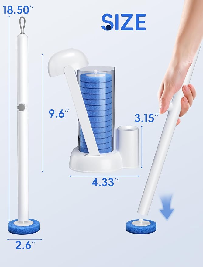Disposable Toilet Brush System, Toilet Bowl Cleaning Wand with Lift-to-Open Refill Case, Blue Refill Heads and Freestanding Holder, 1 Wand and Holder Set with 63 Blue Refills