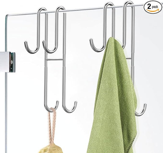 Cerbonny Shower Door Hooks, 2 Pack Extended Double Towel Hooks for Bathroom Frameless Glass Shower Door, Heavy Duty Stainless Steel Bathroom Hanger Without Perforation