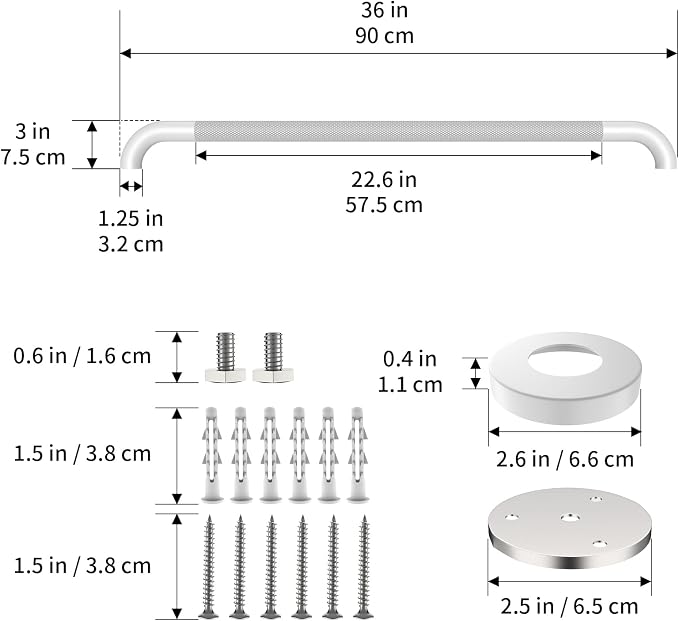 36 Inch White Shower Grab Bar with Anti-Slip Knurled Grip,YuanDe Stainless Steel Bathroom Grab Bars，Shower Handrail Support, Handicap Elderly Balance Assist Handles