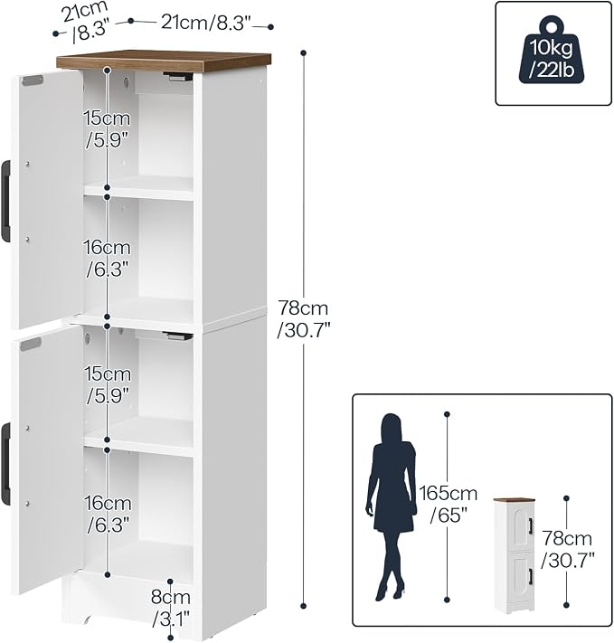 HOOBRO Small Bathroom Storage Cabinet, Farmhouse Corner Floor Storage Cabinet with 2 Doors and Adjustable Shelves, Toilet Paper Cabinet for Small Spaces, 8.3" D x 8.3" W x 30.7" H, White and Walnut