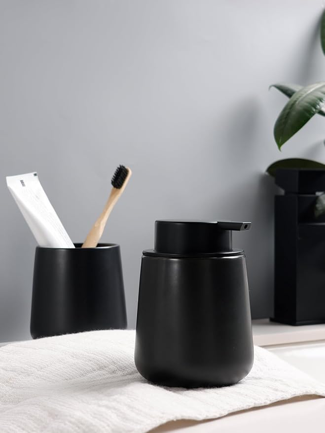 Bosilunlife Soap and Toothbrush Holder Set - Ceramic Bathroom Accessories Set Black Foaming Hand Soap Dispenser Set Bathroom Counter Toothbrush Holder and Soap Dispenser Set