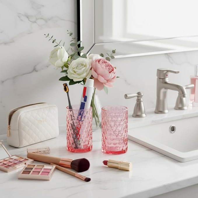 Glass Toothbrush Holder, Pink Bathroom Toothbrush and Toothpaste Holder Set, 11 oz Bathroom Tumbler Cup Set, Decorative Countertop Storage Cups Organizer for Toothpaste, Brushes