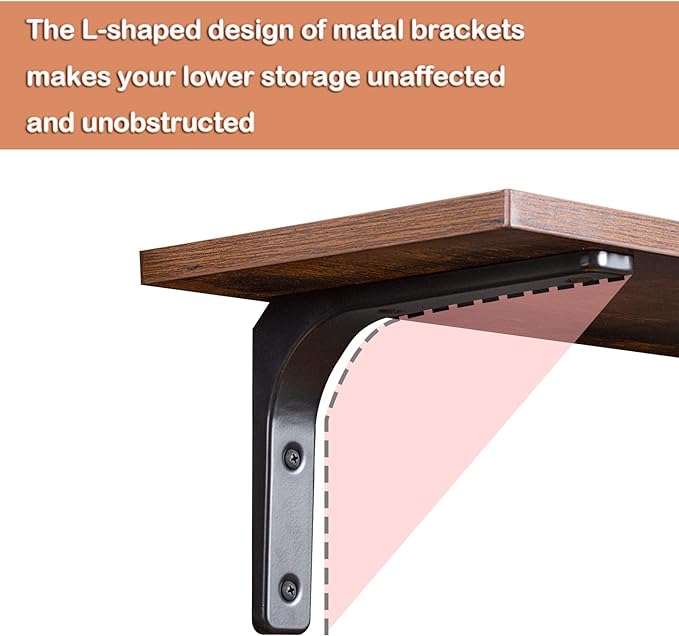 DINZI LVJ Long Wall Shelves, 23.6 Inch Wall Mounted Shelves Set of 2, Easy-to-Install, Wall Storage Ledges with Sturdy Metal Brackets for Living Room, Bathroom, Bedroom, Kitchen, Rustic Brown