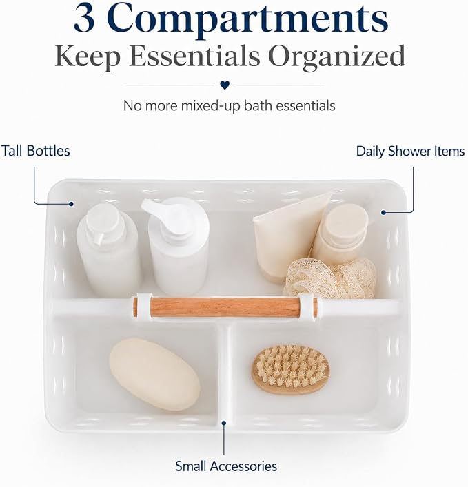 White Portable Shower Caddy Basket with Handle, 3-Compartment Plastic Shower Tote with Drain Holes, Cute Bathroom Organizer for College Dorm, Shared Bathroom, Gym, Travel, Skincare & Cleaning Supplies