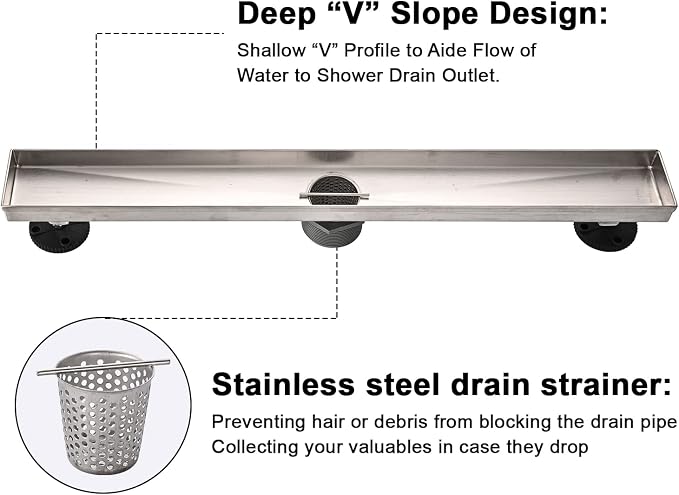 AVSIILE Linear Shower Floor Drain, 42 Inch Brushed Nickel 304 Stainless Steel Bathroom Drains Kit, Rectangular Shower Trench Drain with Reversable Tile-in Pattern Drain Cover & Hair Catcher