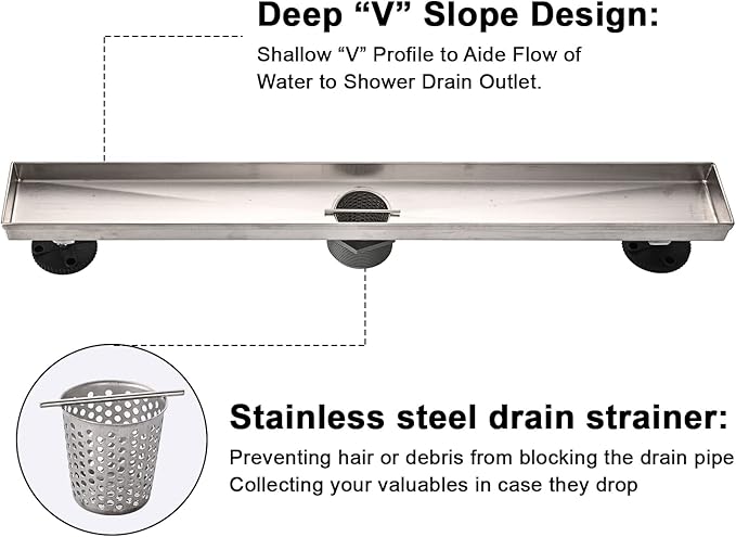AVSIILE Linear Shower Floor Drain, 24 Inch Brushed Nickel 304 Stainless Steel Bathroom Drains Kit, Rectangular Shower Trench Drain with Reversable Tile-in Pattern Drain Cover & Hair Catcher