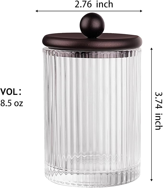 SheeChung 2 Pack Ribbed Glass Qtip Holder with Bronze Metal Lids | Apothecary Jars Bathroom Organizer Countertop Vanity Canister Set for Cotton Swabs, Rounds, Floss Picks-Modern Luxury Decor