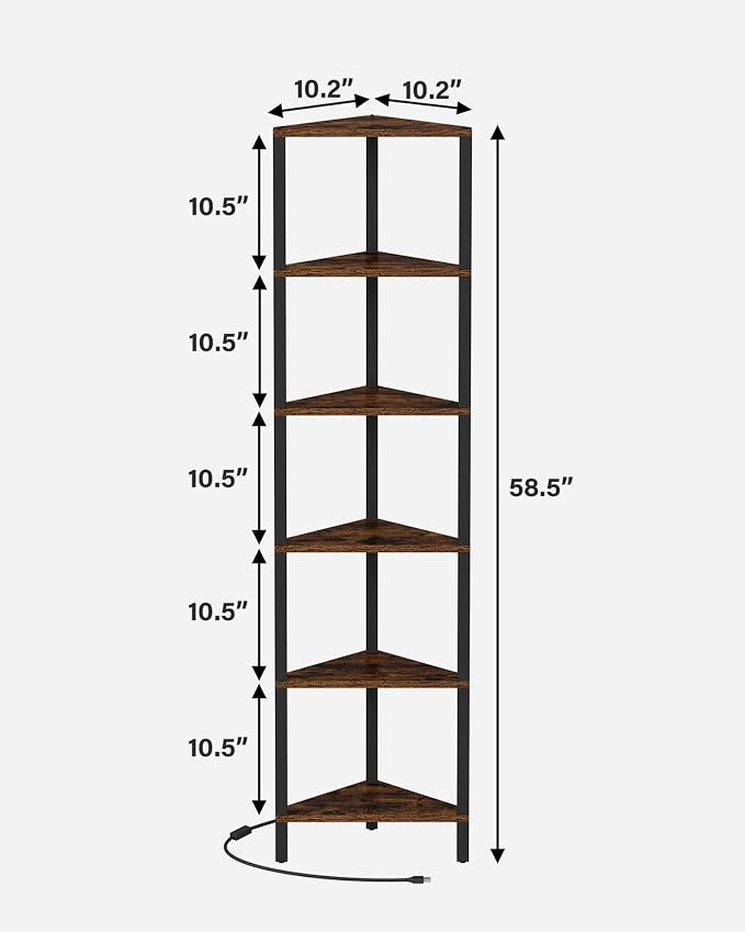 TUTOTAK Corner Shelf with LED Light, 6-Tier Corner Bookshelf for Small Space, Narrow Display Corner Shelf Stand with Storage Rack, for Living Room, Bedroom, Rustic Brown BS05BB006L
