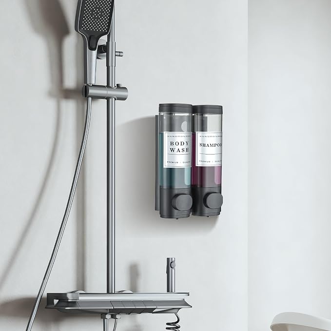 Shampoo and Conditioner Dispenser Shower Dispenser Body Wash Wall Mounted Shampoo Dispenser for Shower Wall No Drill for Bathroom Hotel 2 Chamber x 300ml Black with Waterproof Labels