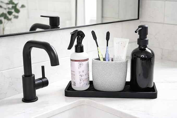 Silicone Sink and Surface Organizer Tray, Sponge Holder, Vanity Tray, Heat Safe, Dishwasher Safe, for Bathroom and Kitchen Organization (Black, 12"x4")