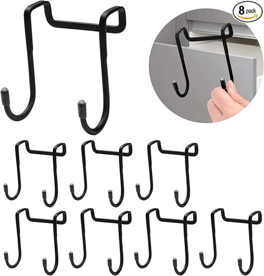 Tinfol 8 Pack Cabinet Door Hooks, Double S-Shaped Over Door Shower Hook, Stainless Steel Over Door Hook, for Kitchen, Bathroom, Closet, Cabinet Cupboard, Shower, Drawer, Wardrobe, Office (Black)